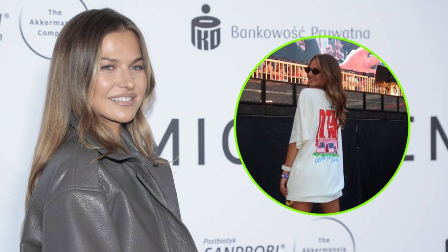 Anna Lewandowska w szarej kurtce, uśmiechnięta, pozująca na tle sceny z wydarzenia.