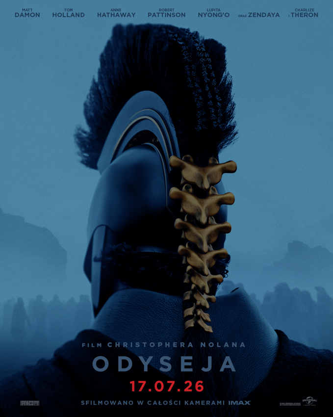 Plakat filmu „Odyseja” z postacią w hełmie, widoczny napis i data premiery.