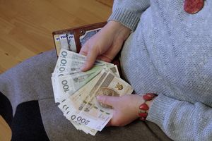 Na zdjęciu widoczne ręce trzymające banknoty w różnych nominałach oraz portfel.