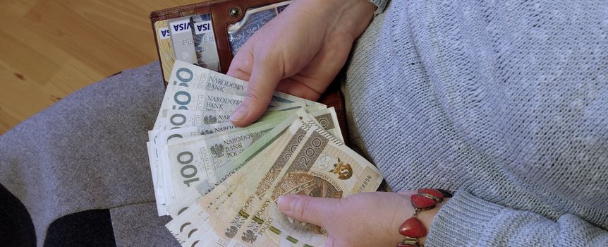 Na zdjęciu widoczne ręce trzymające banknoty w różnych nominałach oraz portfel.
