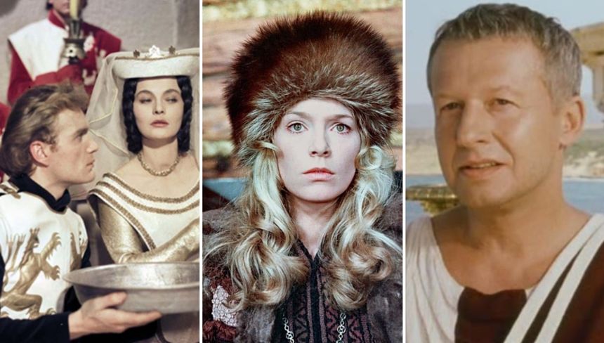 Trzy kadry z polskich filmów, przedstawiające postacie w historycznych kostiumach.