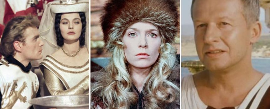 Trzy kadry z polskich filmów, przedstawiające postacie w historycznych kostiumach.
