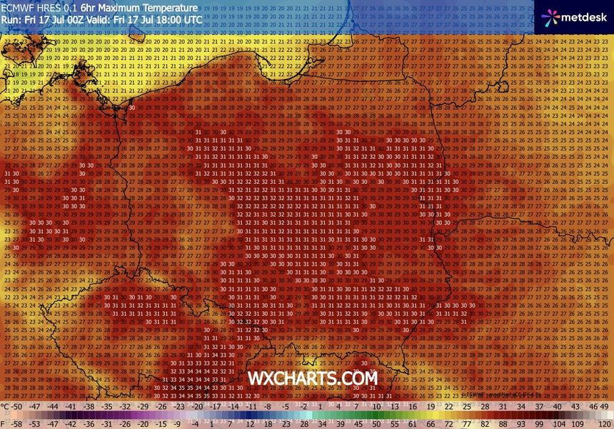 Mapa temperatur z oznaczeniami w stopniach Celsjusza, przeważającego koloru czerwonego.
