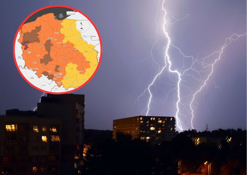 Na zdjęciu błyskawice na tle ciemnego nieba i miejskiego krajobrazu, z mapą Polski w rogu.