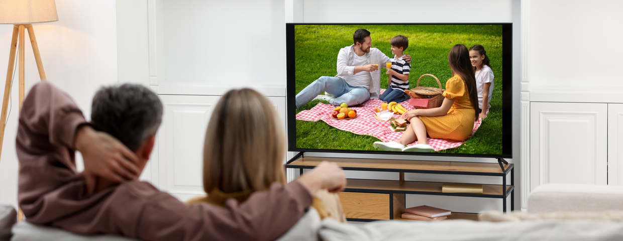 Rodzina na pikniku, siedząca na kocyku, z owocami i napojami. Obraz wyświetlony na telewizorze.