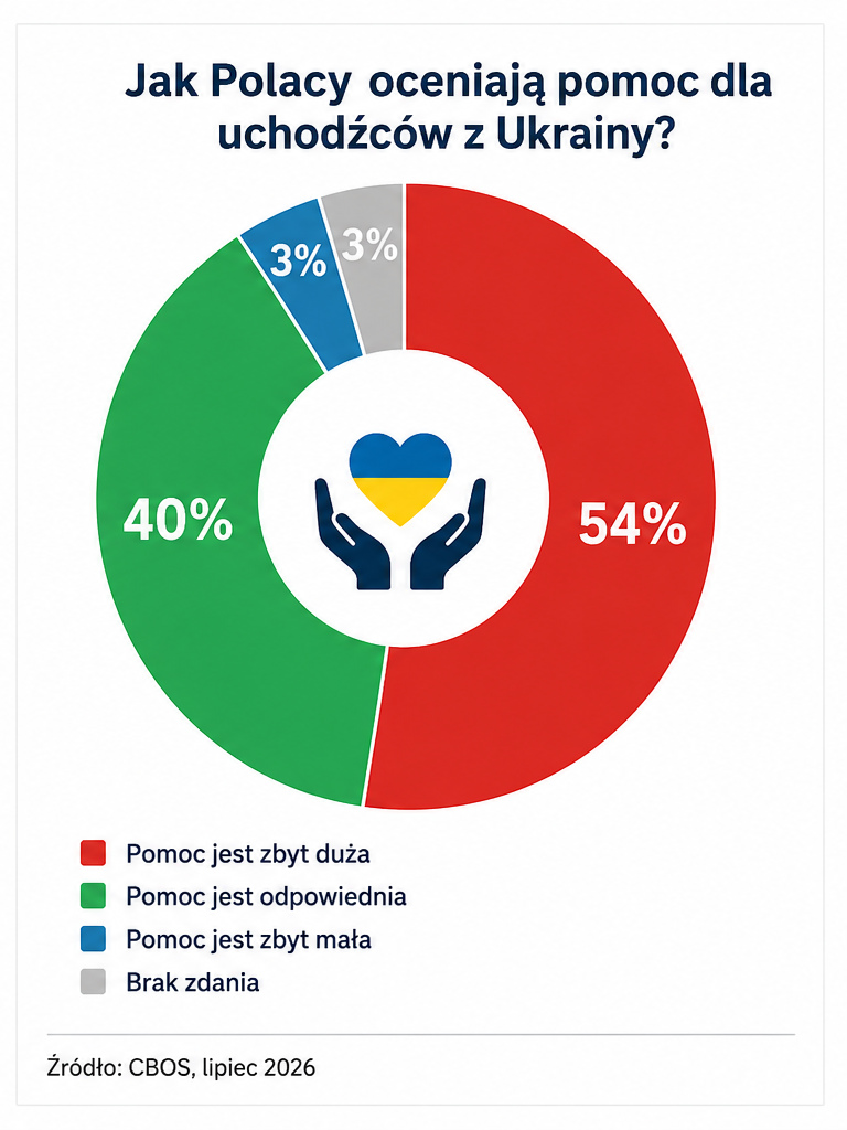 Wizualizacja prezentuje dane o ocenie pomocy Polaków dla uchodźców z Ukrainy.
