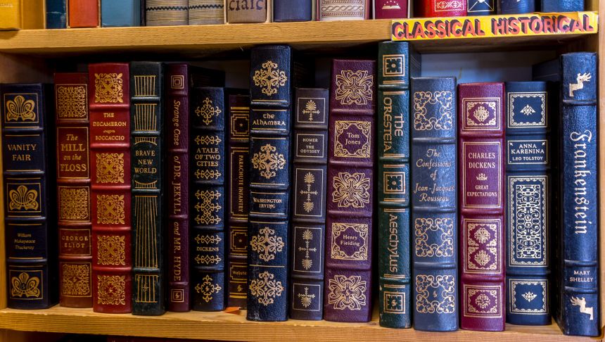 Homer. Na półce książki w różnych kolorach, w tym klasyki literatury. Brak osób.