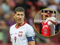 Na zdjęciu Robert Lewandowski w stroju piłkarskim, z numerem 9 na koszulce, w tle trybuny.
