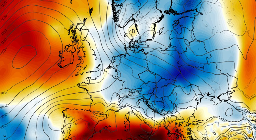 Anomalia temperatury mierzona na poziomie ciśnienia 850 hPa 22.07