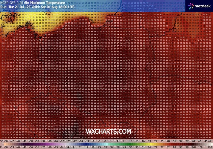 Mapa pokazująca maksymalne temperatury z wartościami numerycznymi w stopniach Celsjusza.