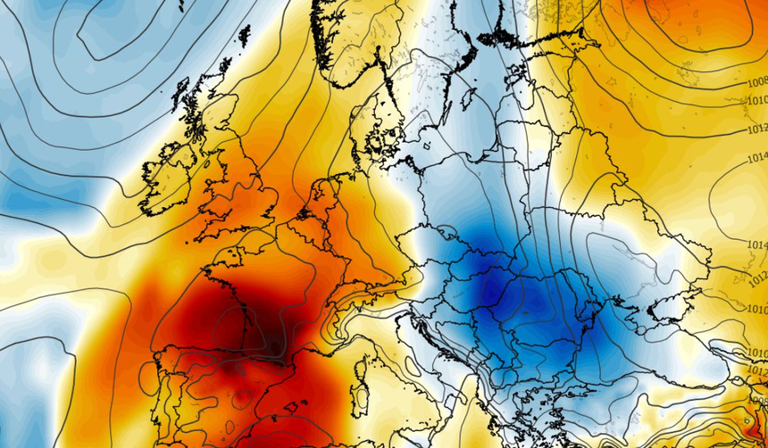 Anomalia temperatury mierzona na poziomie ciśnienia 850 hPa 29.07
