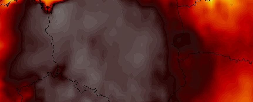 Grafika przedstawia mapę anomalii temperatury w Polsce, z barwami od czerwonej do ciemnoszarej.