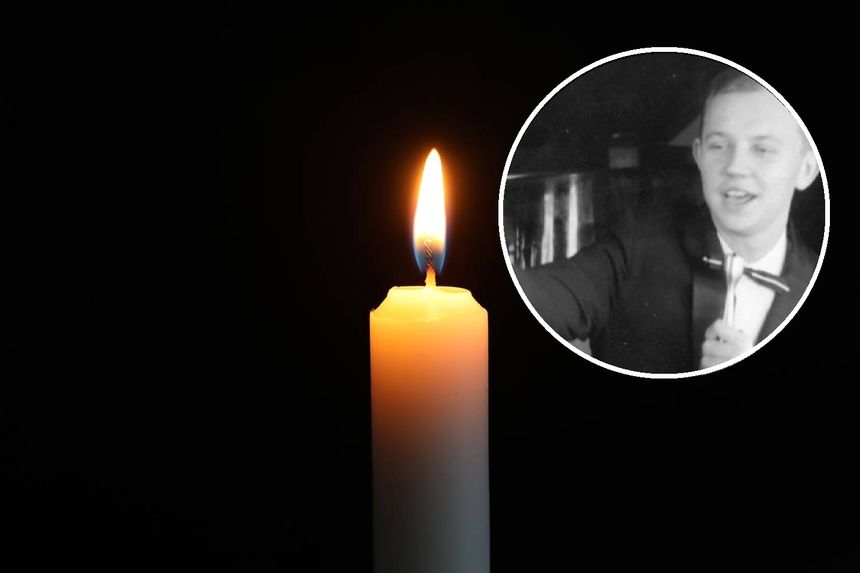 Na zdjęciu świeca paląca się na czarnym tle. W kółku czarno-białe zdjęcie mężczyzny.