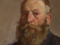 Portret starszego mężczyzny z brodą, o zamyślonym wyrazie twarzy, w stonowanej kolorystyce.