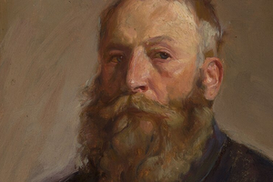 Portret starszego mężczyzny z brodą, o zamyślonym wyrazie twarzy, w stonowanej kolorystyce.