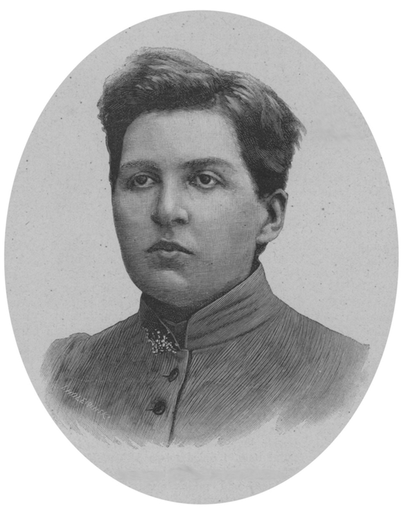 Portret młodej kobiety w stroju z epoki, z krótkimi ciemnymi włosami i poważnym wyrazem twarzy.