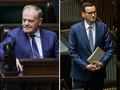 Na zdjęciu dwaj politycy w Sejmie: Donald Tusk siedzi, a Mateusz Morawiecki stoi z dokumentami.