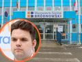 Budynek Mazowieckiego Szpitala Bródnowskiego z wizerunkiem mężczyzny w kółku
