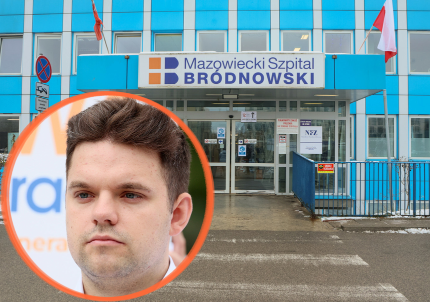 Budynek Mazowieckiego Szpitala Bródnowskiego z wizerunkiem mężczyzny w kółku