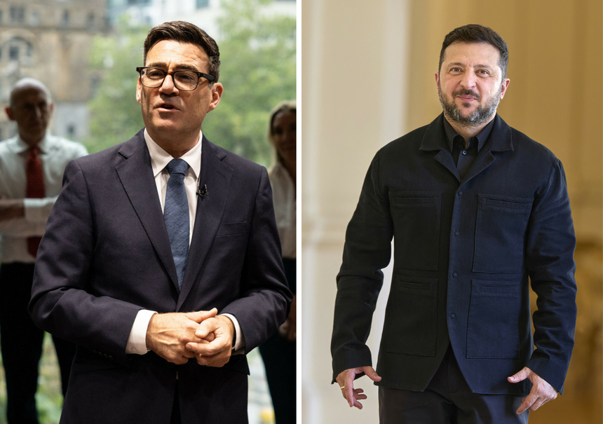 Na zdjęciu dwóch mężczyzn: jeden w garniturze, drugi w czarnej kurtce.