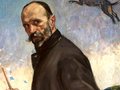 Portret mężczyzny z brodą i wąsem, w ciemnym ubraniu, trzymającym pędzel. W tle koń.