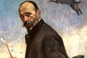Portret mężczyzny z brodą i wąsem, w ciemnym ubraniu, trzymającym pędzel. W tle koń.
