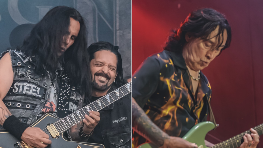 Na zdjęciu dwóch gitarzystów grających na scenie, z intensywnymi emocjami.