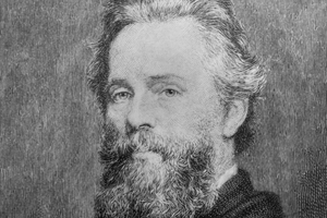 Portret mężczyzny z długą brodą i wąsami, w ciemnym ubraniu, na tle o strukturze pionowej.