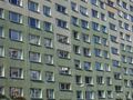 Opis ALT: Fragment elewacji budynku mieszkalnego z zielonym tynkiem i oknami.