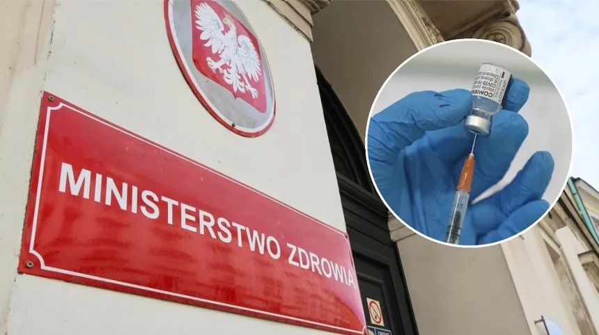 Zdjęcie przedstawia Ministerstwo Zdrowia w Polsce z podpisem i strzykawką z szczepionką.