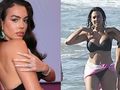 Georgina Rodriguez w ciemnej sukience, pozująca na tle wrzosowego tła. Obok zdjęcie z plaży.