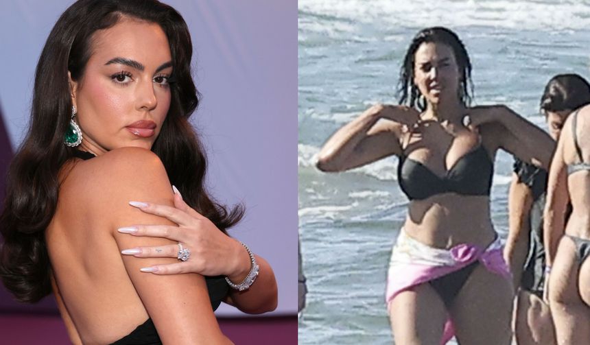 Georgina Rodriguez w ciemnej sukience, pozująca na tle wrzosowego tła. Obok zdjęcie z plaży.