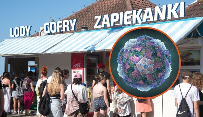 Na zdjęciu kolejka do budki z jedzeniem, w tle wirus przedstawiony w okrągłej ramce.