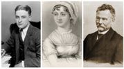 Trzy portrety historycznych postaci: mężczyzna z lat 20., kobieta z epoki Regency i starszy mężczyzna.