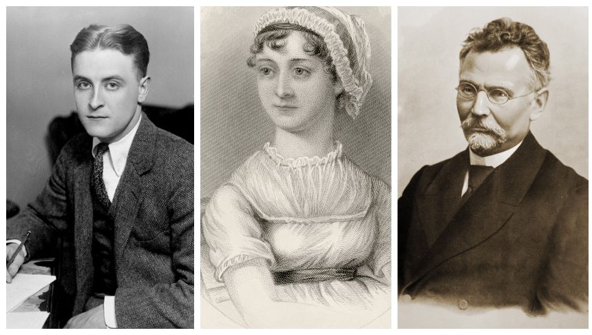 Trzy portrety historycznych postaci: mężczyzna z lat 20., kobieta z epoki Regency i starszy mężczyzna.