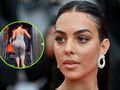 Na zdjęciu Georgina Rodriguez w szarym stroju sportowym idzie po schodach do samolotu.