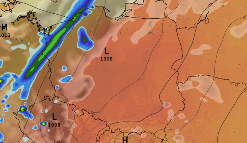 Chwilowe natężenie opadu, zachmurzenie, temperatura i ciśnienie 16.08 (ECMWF)