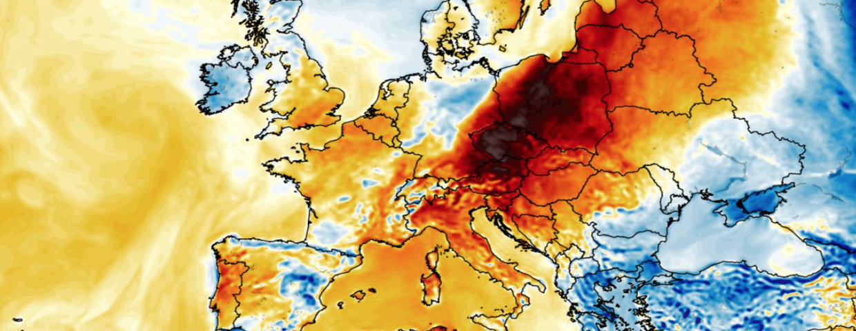 Anomalia temperatury mierzona na wysokości 2 m nad powierzchnią gruntu 16.08 (ECMWF)