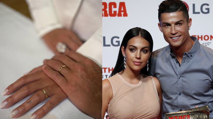 Na zdjęciu zbliżenie na dłonie z pierścionkami oraz portret Cristiano Ronaldo i Georginy Rodriguez na czerwonym dywanie.
