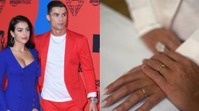 Na zdjęciu Cristiano Ronaldo i Georgina Rodriguez w eleganckich strojach. W tle czerwona ścianka, na pierwszym planie dłonie z obrączkami.