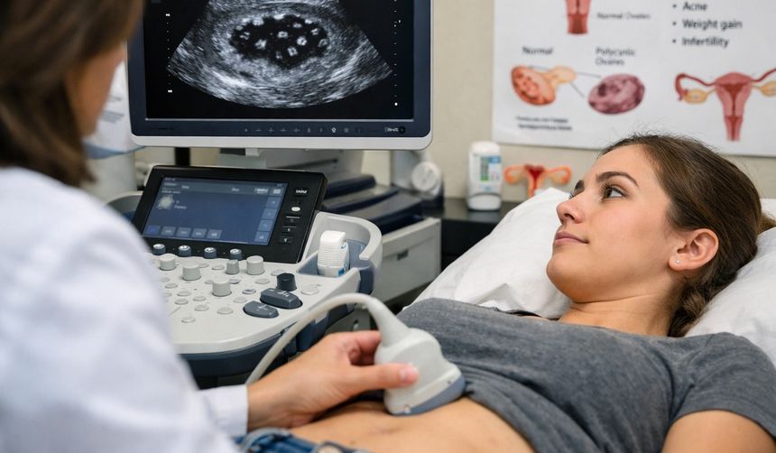 Kobieta na badaniu USG, lekarz trzyma głowicę ultrasonograficzną na jej brzuchu.