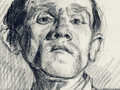 Bruno Schulz. Portret mężczyzny z wyrazistymi rysami twarzy, spojrzenie skierowane w górę. Szaro-biały szkic.