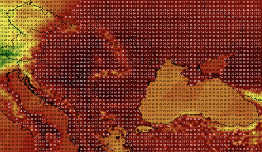 Temperatura maksymalna w południowo-wschodniej Europie 26.08 (ECMWF)
