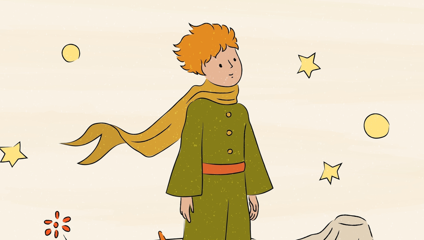 Mały Książę. Ilustracja przedstawia chłopca z rudymi włosami w zielonym ubraniu i żółtym szaliku, wśród gwiazd.