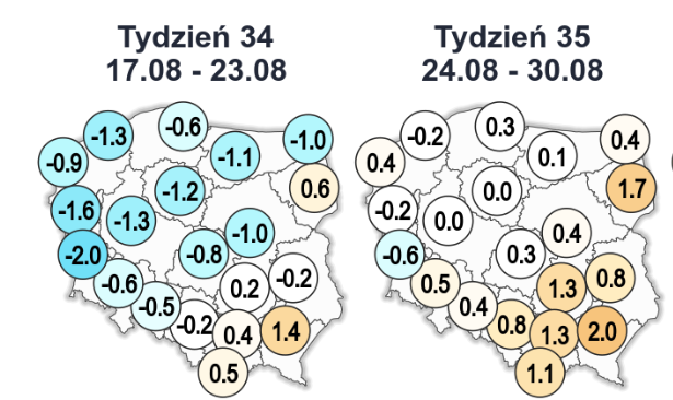 Anomalia średniej temperatury powietrza względem lat 1991-2020