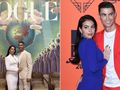 Cristiano Ronaldo i Georgina Rodriguez w eleganckich stylizacjach na tle kolorowej sztuki.