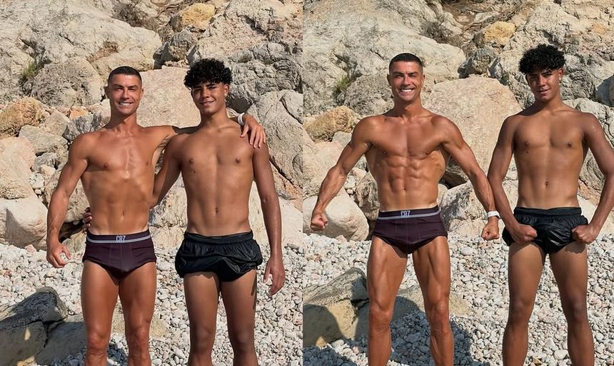Cristiano Ronaldo wraz z synem w strojach kąpielowych, pozujący na tle skał.
