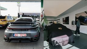 Dwa obrazy: pierwszy – Porsche tankujące na stacji, drugi – przykryty samochód w salonie, obok którego stoi Książulo.
