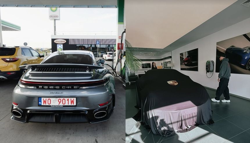 Dwa obrazy: pierwszy – Porsche tankujące na stacji, drugi – przykryty samochód w salonie, obok którego stoi Książulo.