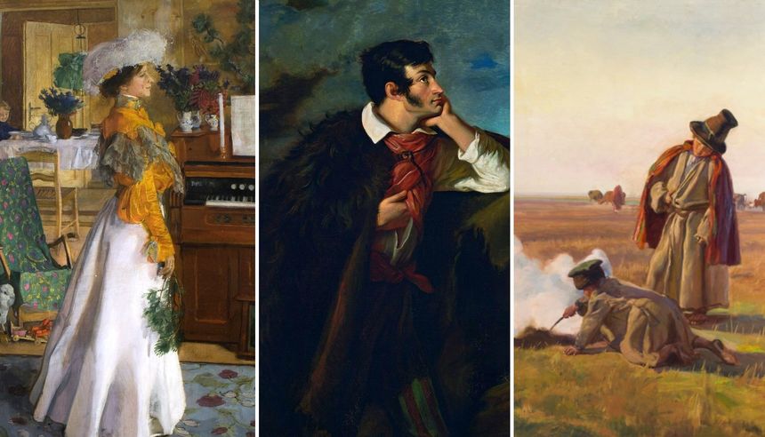 Obrazek przedstawia trzy dzieła sztuki: portret kobiety, mężczyzny oraz scenę polową.